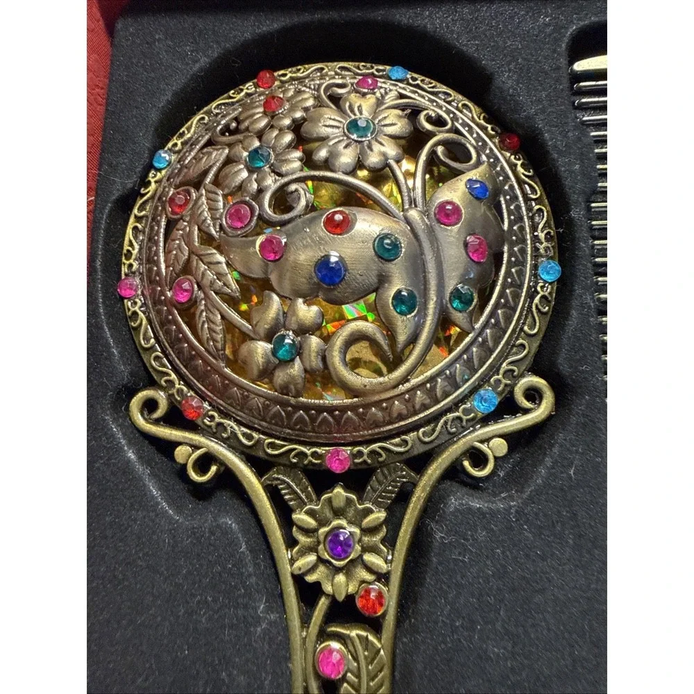 Vtg Style Hand Held Vanity Mirror Matching Comb Set Floral/Butterfly Rhinestone